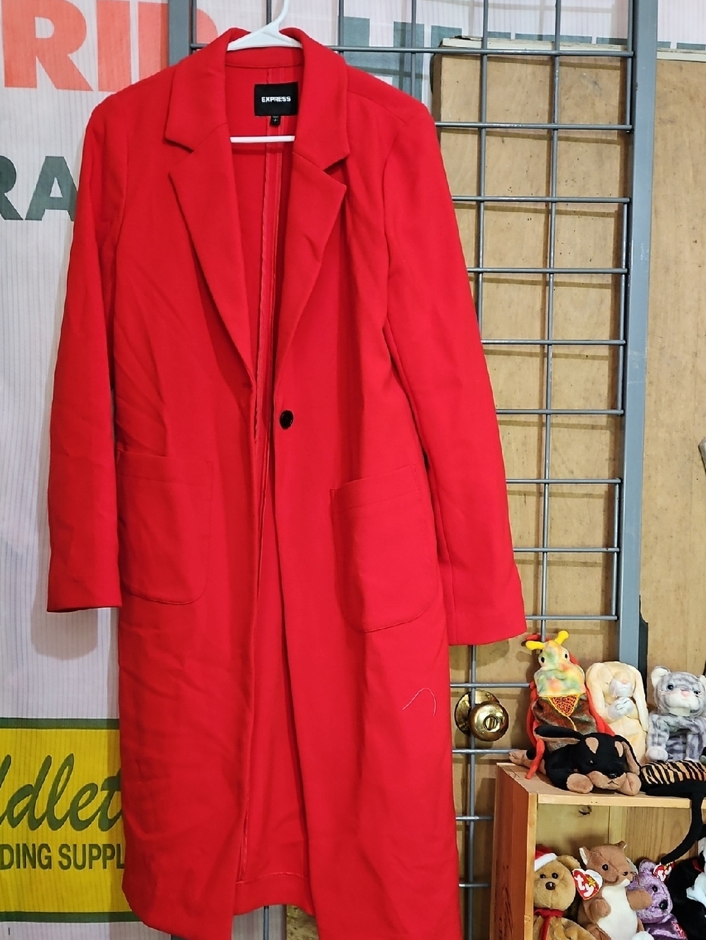 Express Women's Bright Red Long Single-Button Trench Coat